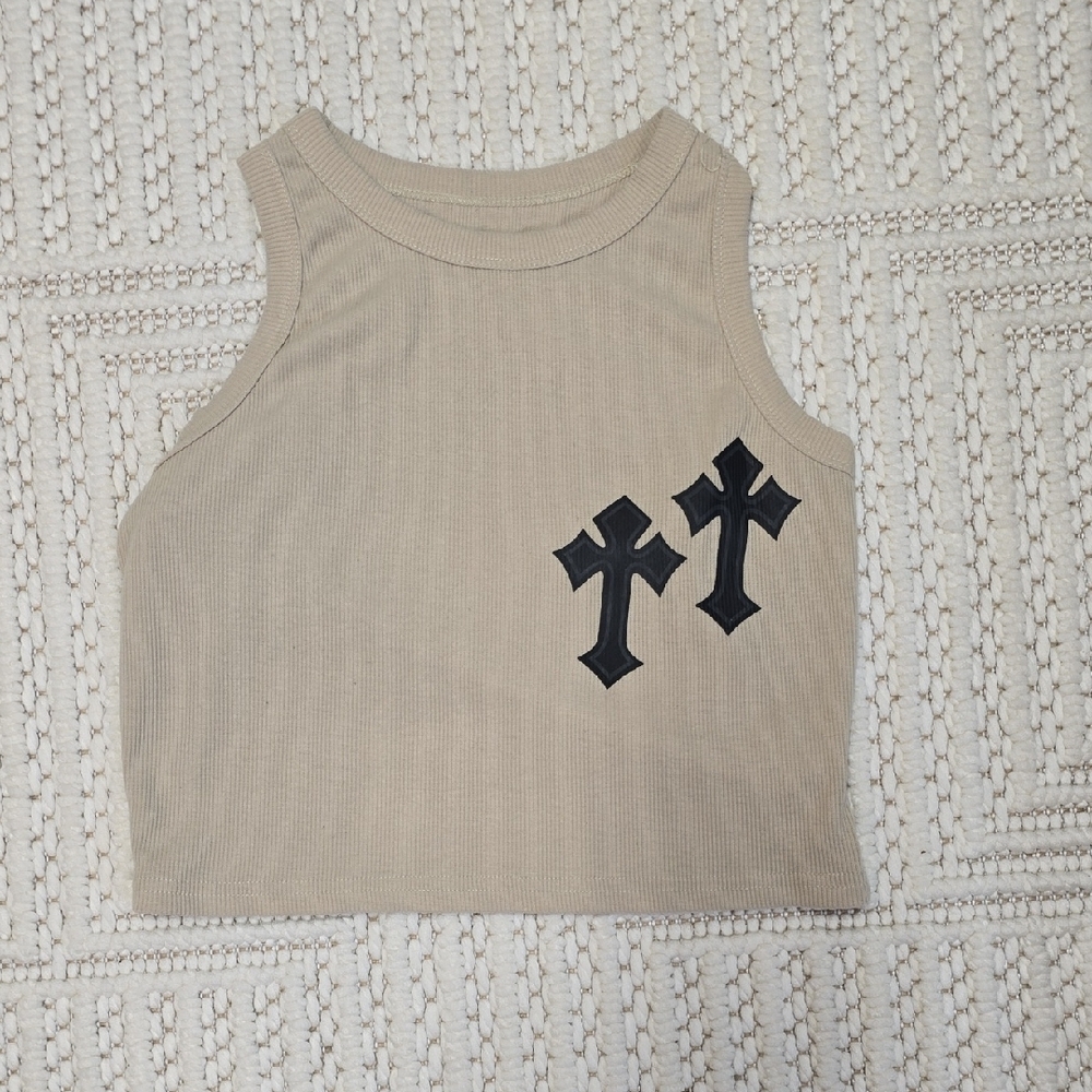 Tan Crop Top with Black Crosses
